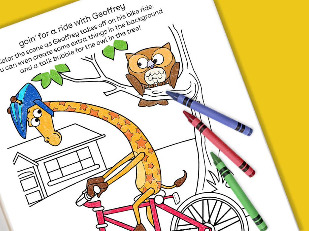 Geoffrey bike ride free printable coloring sheet for kids